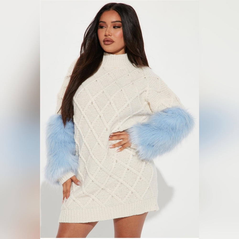 Fashion Nova Cream and Blue Mini Dress